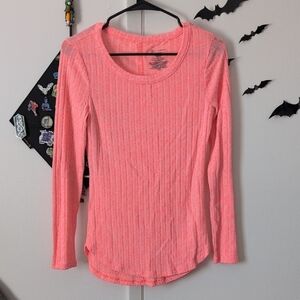 No Boundaries Coral Pink Ribbed Long Sleeve Scoop Neck Top